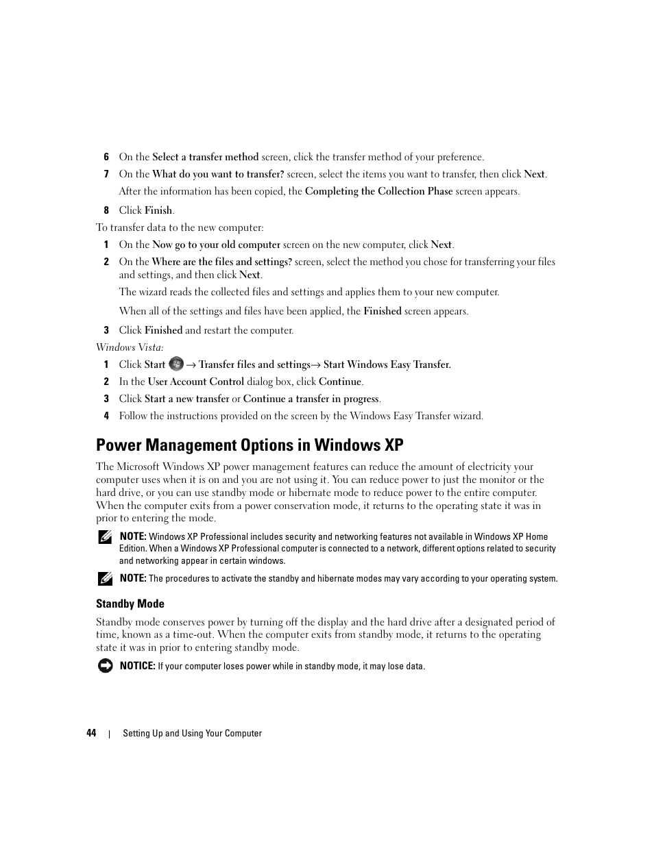 Power management options in windows xp, Standby mode | Dell XPS 720 H2C (Mid 2007) User Manual | Page 44 / 220