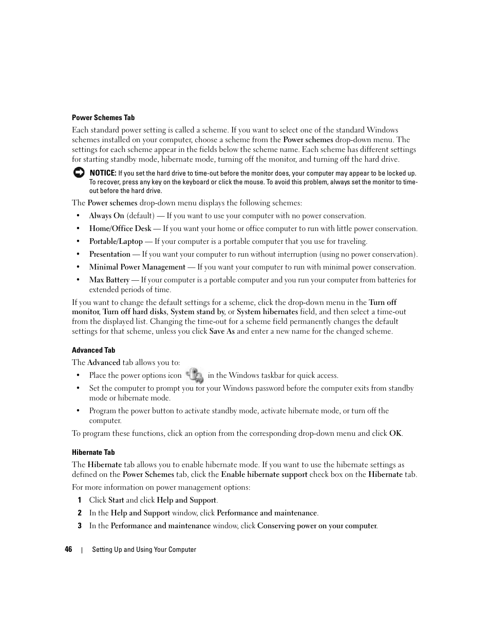 Power schemes tab, Tab, and hibernate, Define your power settings on the | Tab, and | Dell XPS 720 H2C (Mid 2007) User Manual | Page 46 / 220