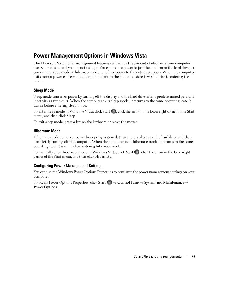 Power management options in windows vista, Sleep mode, Hibernate mode | Configuring power management settings | Dell XPS 720 H2C (Mid 2007) User Manual | Page 47 / 220