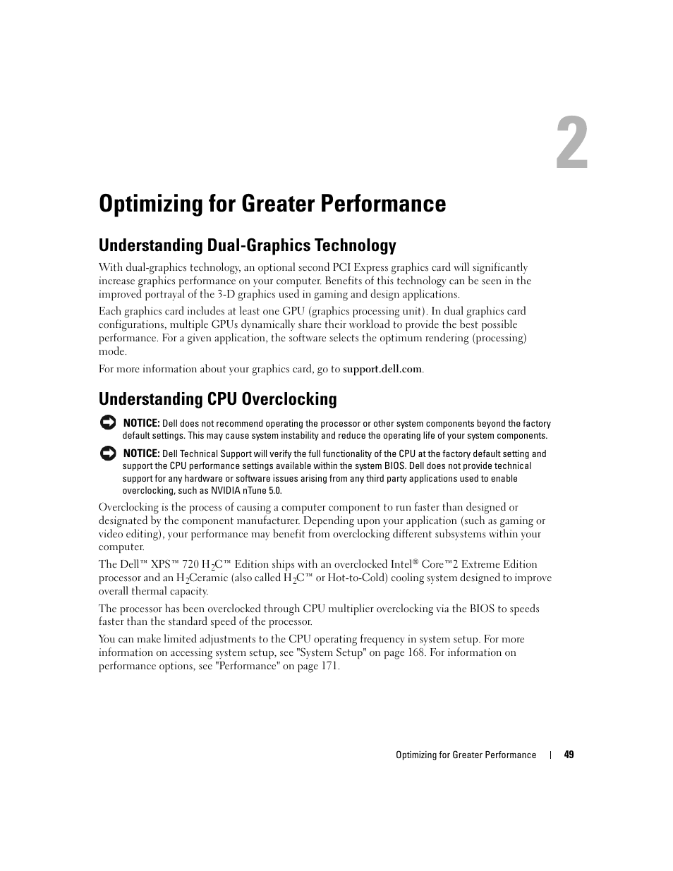 Optimizing for greater performance, Understanding dual-graphics technology, Understanding cpu overclocking | Dell XPS 720 H2C (Mid 2007) User Manual | Page 49 / 220
