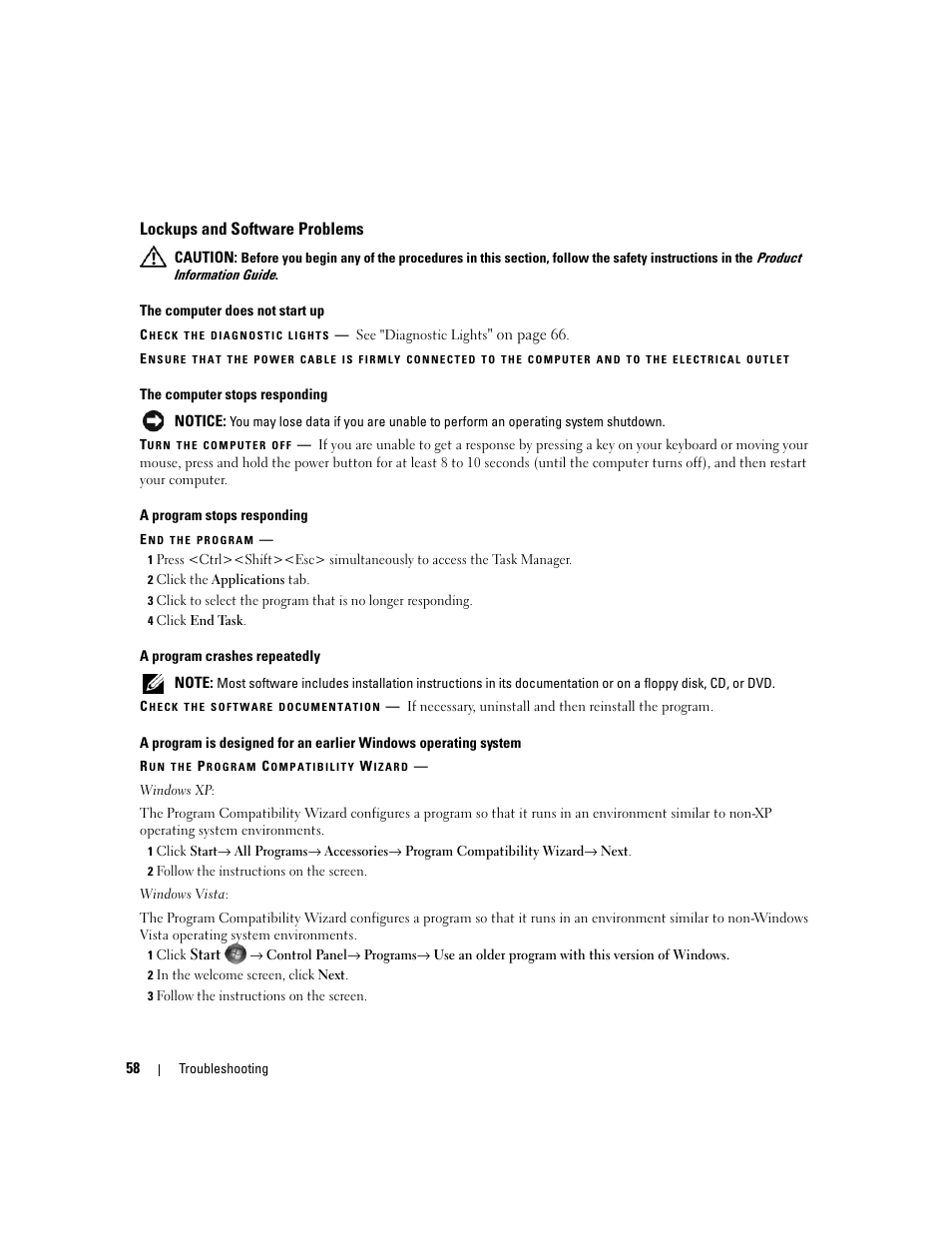 Lockups and software problems | Dell XPS 720 H2C (Mid 2007) User Manual | Page 58 / 220