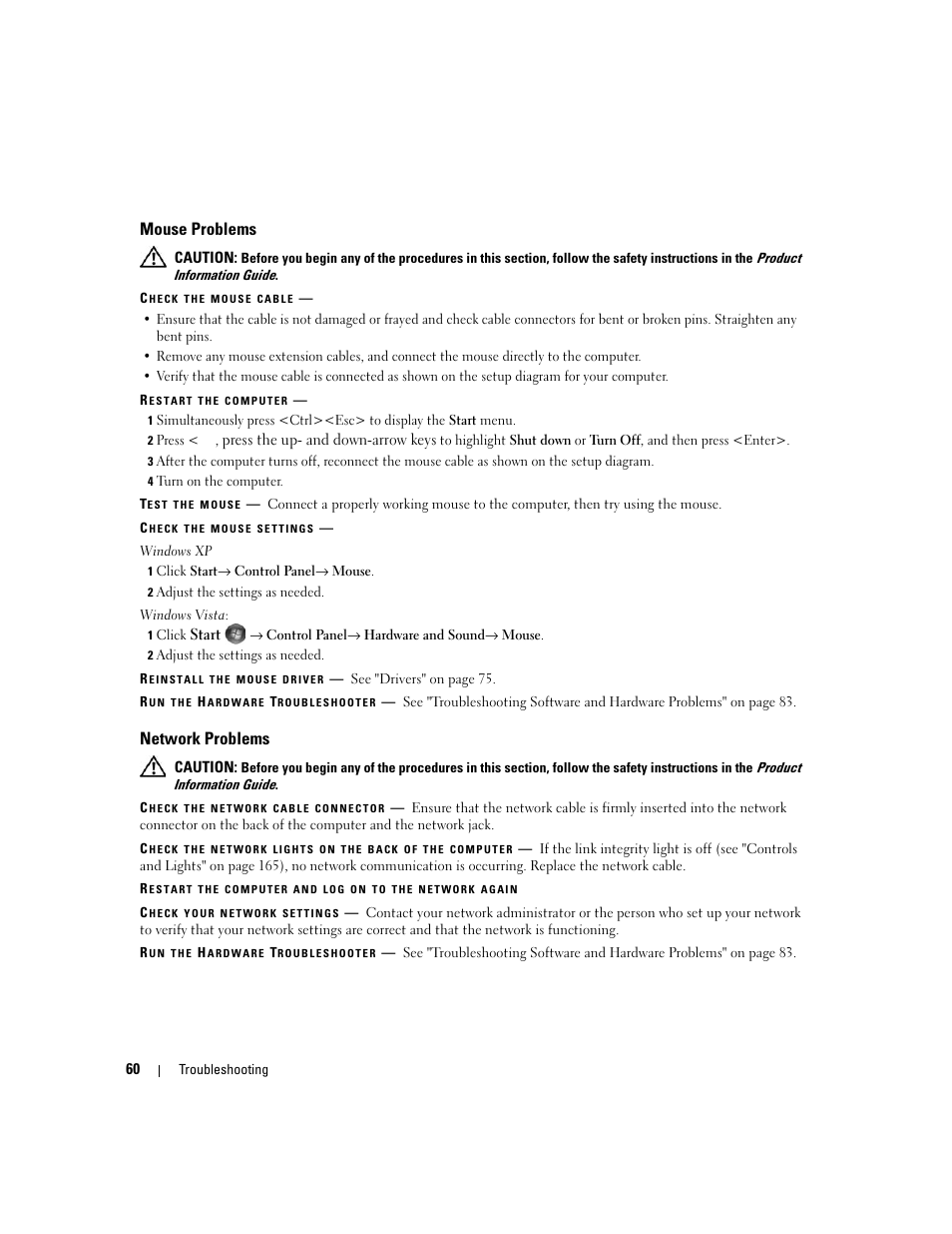 Mouse problems, Network problems | Dell XPS 720 H2C (Mid 2007) User Manual | Page 60 / 220