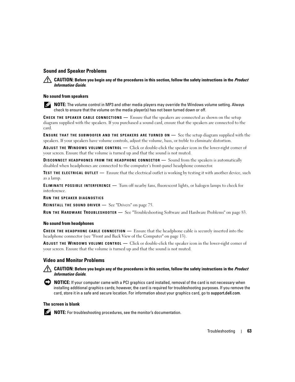 Sound and speaker problems, Video and monitor problems | Dell XPS 720 H2C (Mid 2007) User Manual | Page 63 / 220