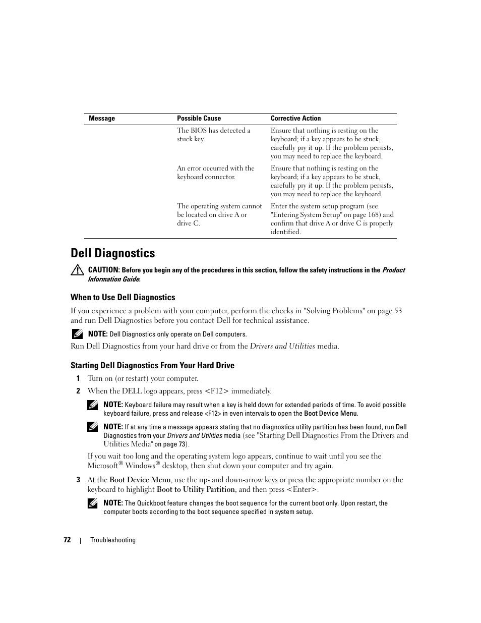 Dell diagnostics, When to use dell diagnostics, Starting dell diagnostics from your hard drive | Dell XPS 720 H2C (Mid 2007) User Manual | Page 72 / 220