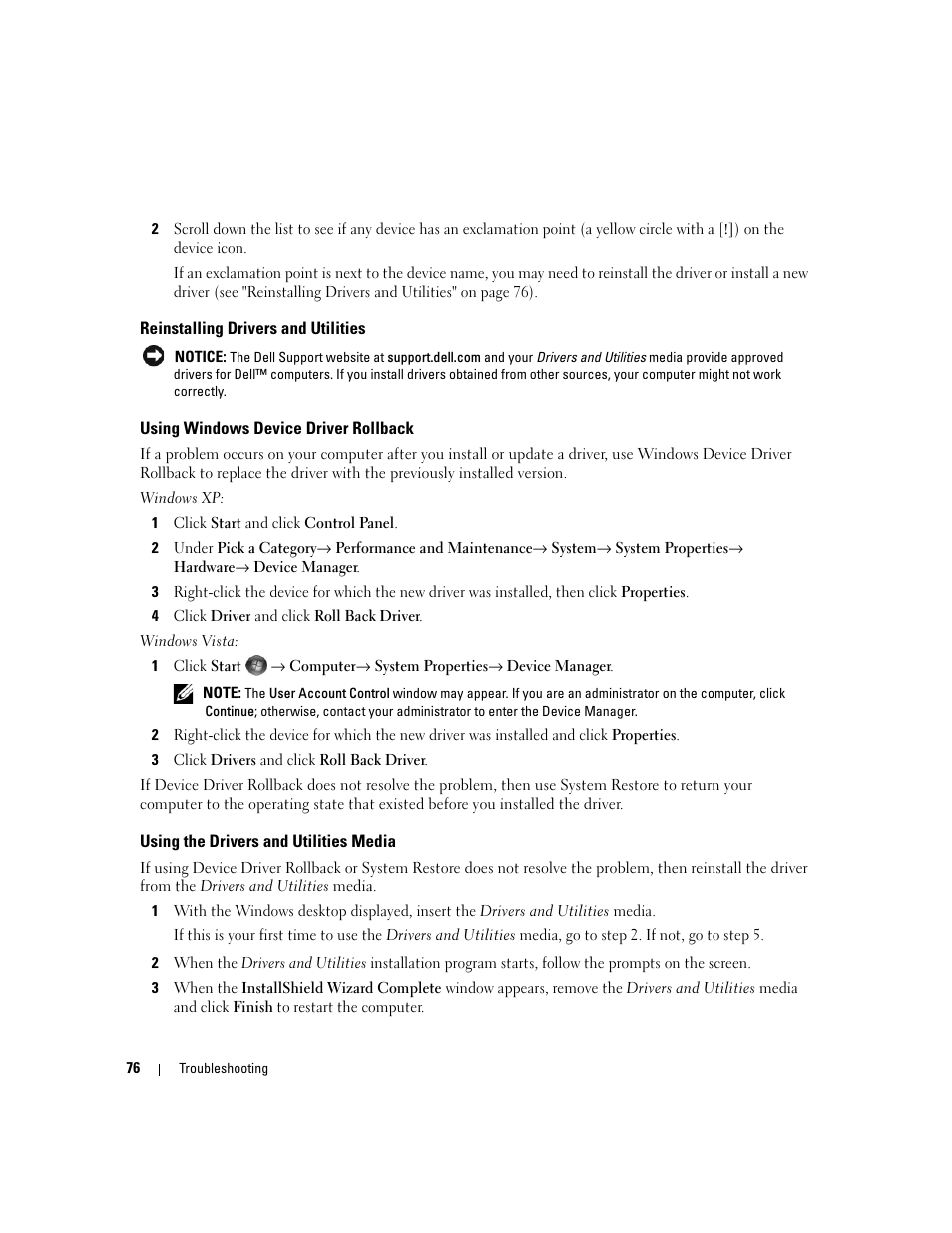 Reinstalling drivers and utilities, Using windows device driver rollback, Using the drivers and utilities media | Dell XPS 720 H2C (Mid 2007) User Manual | Page 76 / 220