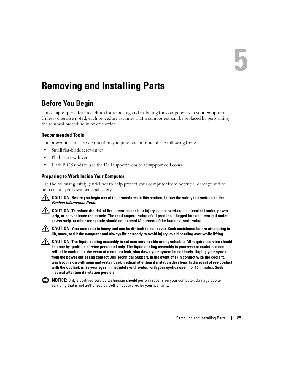 Removing and installing parts, Before you begin, Recommended tools | Preparing to work inside your computer | Dell XPS 720 H2C (Mid 2007) User Manual | Page 85 / 220