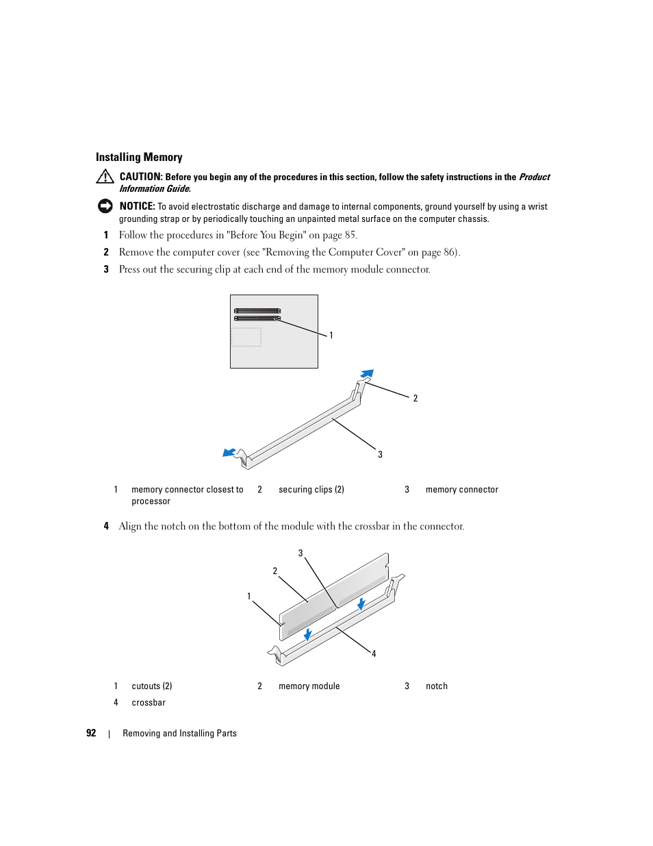 Installing memory | Dell XPS 720 H2C (Mid 2007) User Manual | Page 92 / 220
