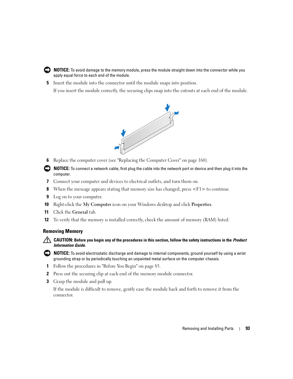 Removing memory | Dell XPS 720 H2C (Mid 2007) User Manual | Page 93 / 220