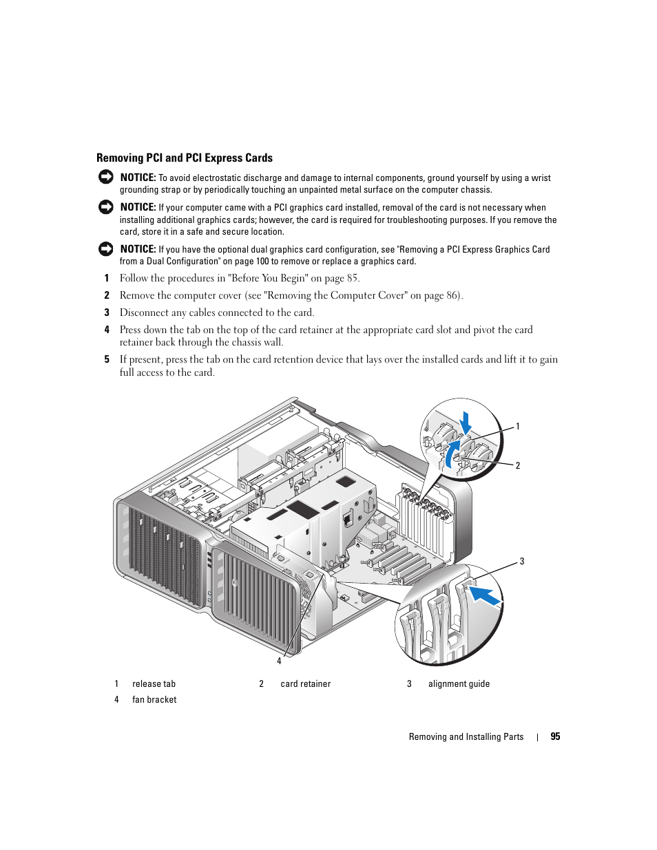 Removing pci and pci express cards | Dell XPS 720 H2C (Mid 2007) User Manual | Page 95 / 220