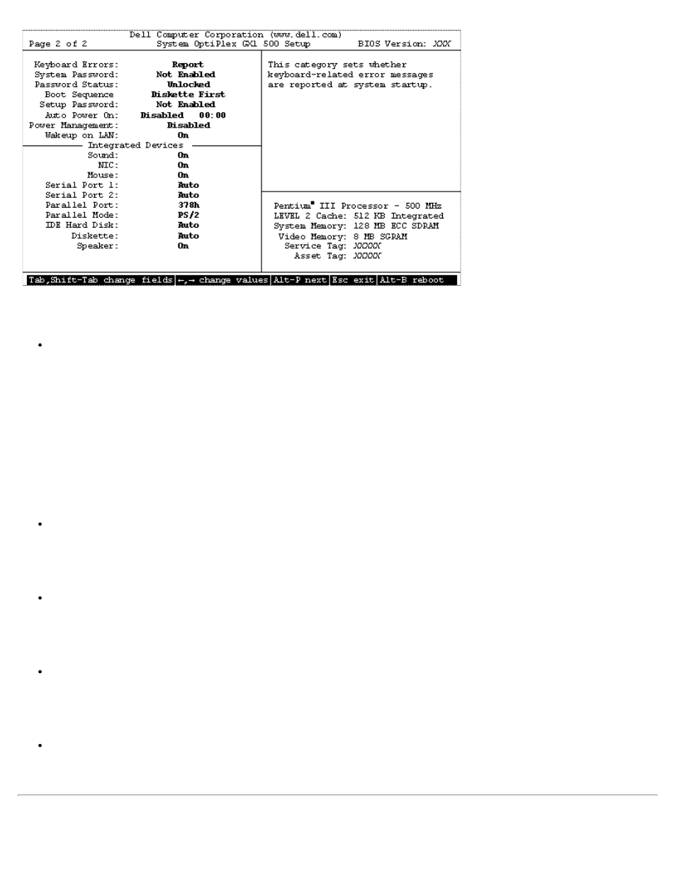 System setup navigation keys, Configuration options, Title box | Help, Key functions, System data | Dell OptiPlex GX1 User Manual | Page 26 / 174