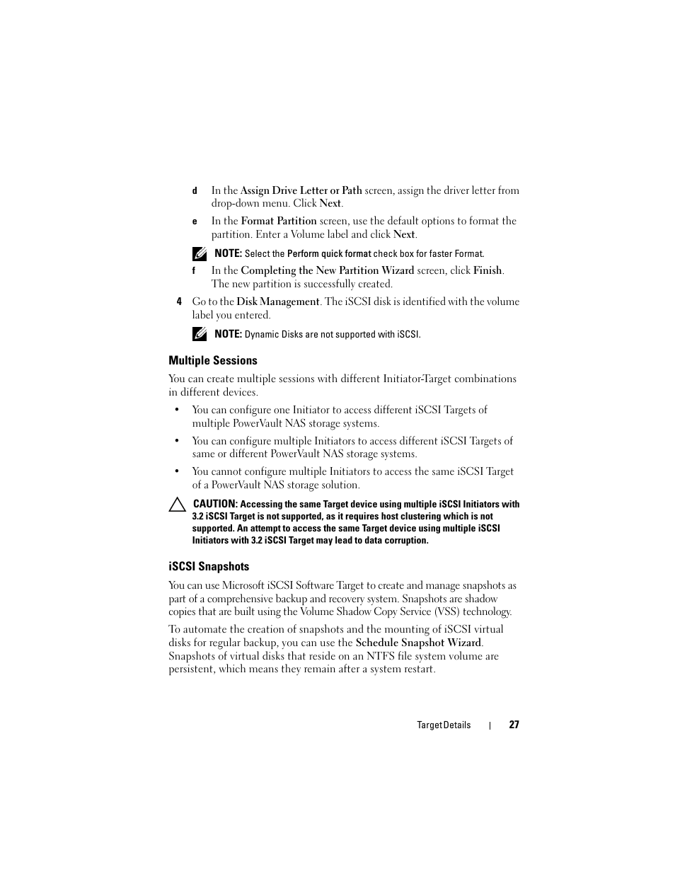 Multiple sessions, Iscsi snapshots | Dell PowerVault NX3000 User Manual | Page 27 / 56