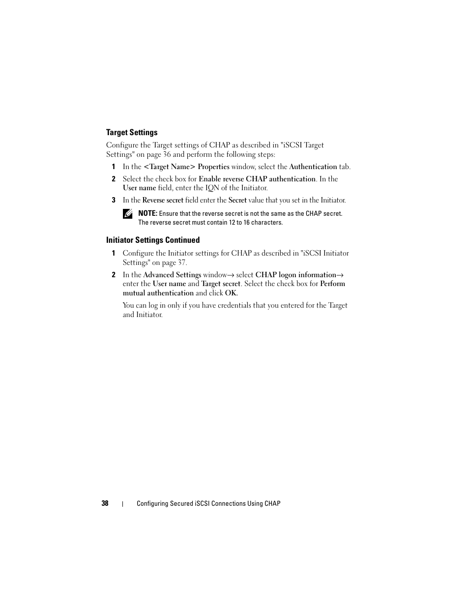 Target settings, Initiator settings continued | Dell PowerVault NX3000 User Manual | Page 38 / 56