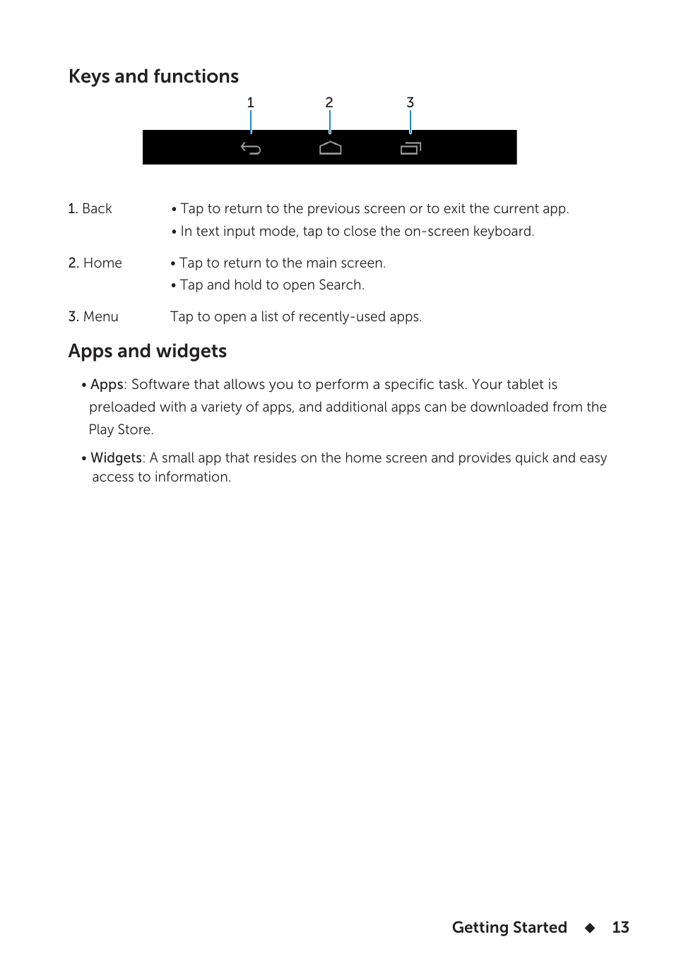 Keys and functions, Apps and widgets | Dell Venue 8 3840 User Manual | Page 13 / 32