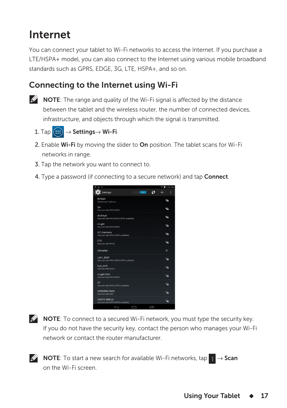 Internet, Connecting to the internet using wi-fi | Dell Venue 8 3840 User Manual | Page 17 / 32