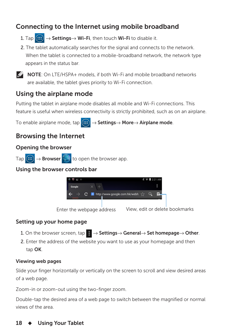 Connecting to the internet using mobile broadband, Using the airplane mode, Browsing the internet | Dell Venue 8 3840 User Manual | Page 18 / 32