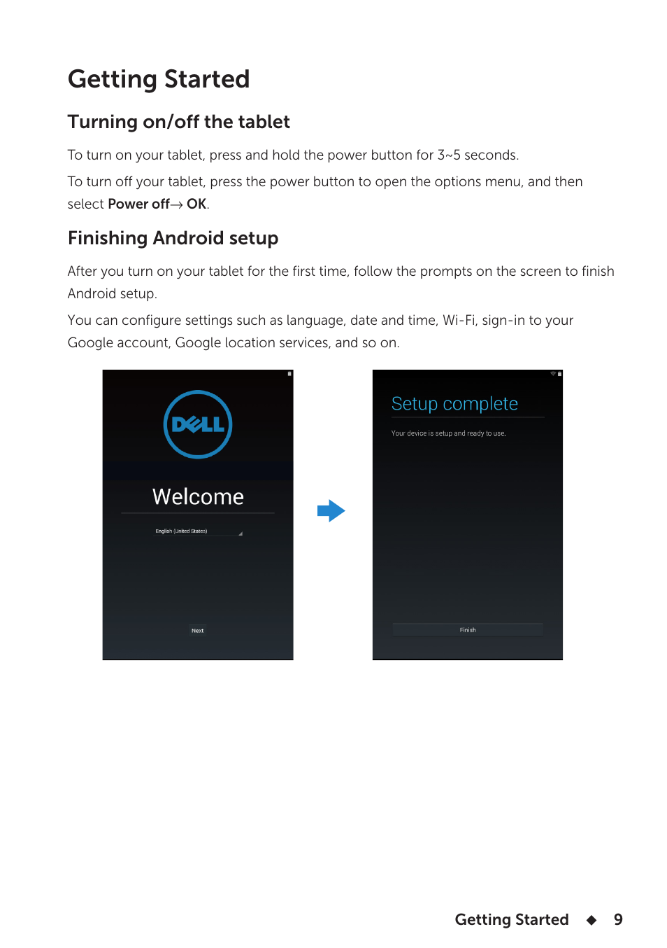 Getting started, Turning on/off the tablet, Finishing android setup | Dell Venue 8 3840 User Manual | Page 9 / 32