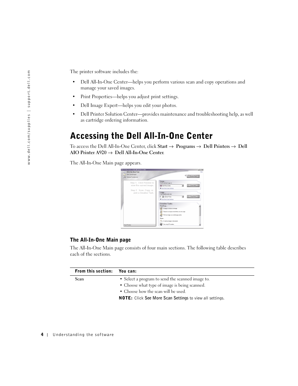 Accessing the dell all-in-one center | Dell A920 All In One Personal Printer User Manual | Page 14 / 83