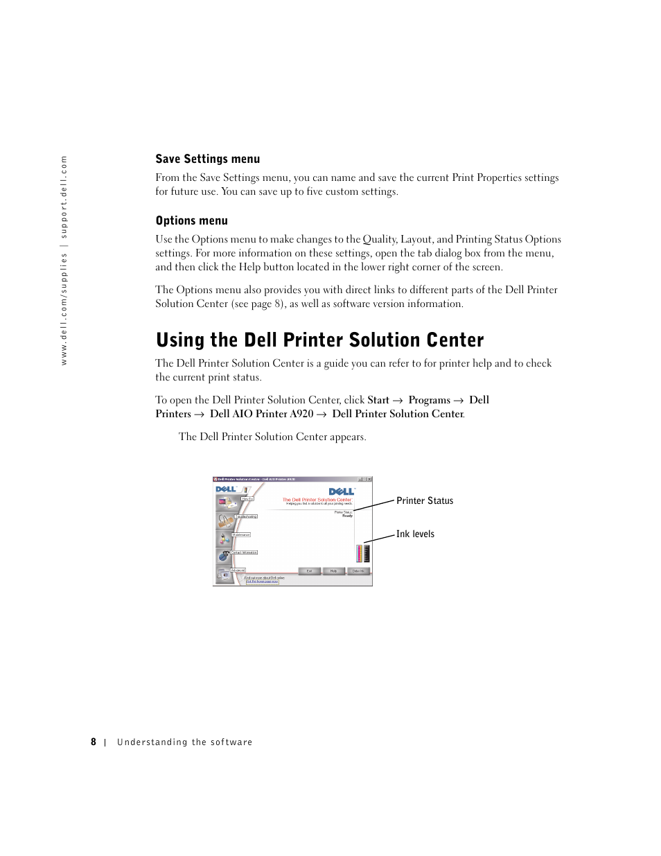 Using the dell printer solution center, Save settings menu, Options menu | Dell A920 All In One Personal Printer User Manual | Page 18 / 83