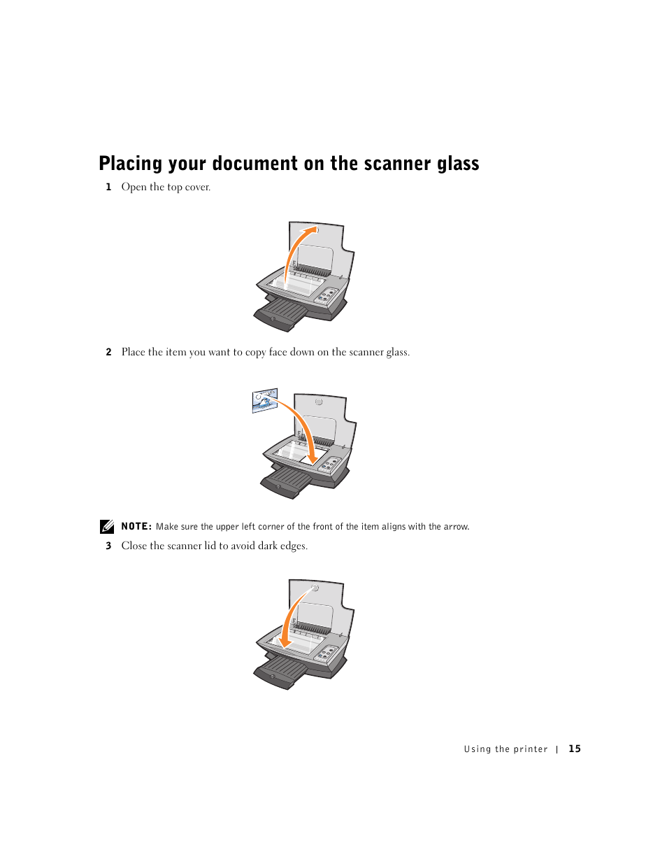 Placing your document on the scanner glass | Dell A920 All In One Personal Printer User Manual | Page 25 / 83