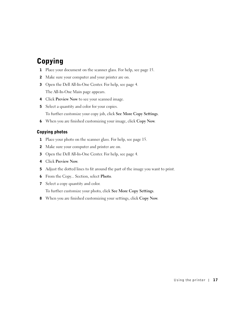 Copying, Copying photos | Dell A920 All In One Personal Printer User Manual | Page 27 / 83