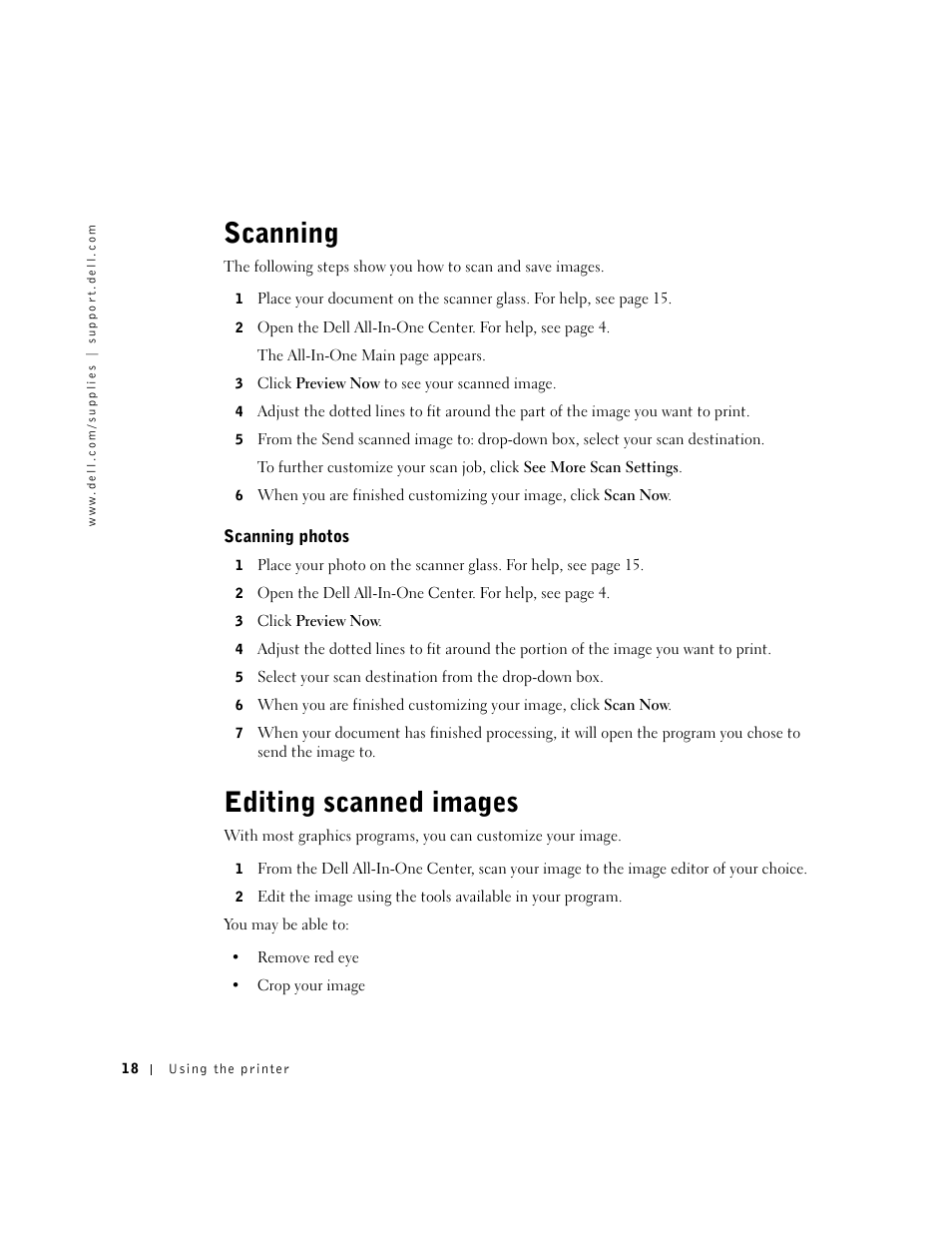 Scanning, Editing scanned images, Scanning photos | Scanning editing scanned images | Dell A920 All In One Personal Printer User Manual | Page 28 / 83