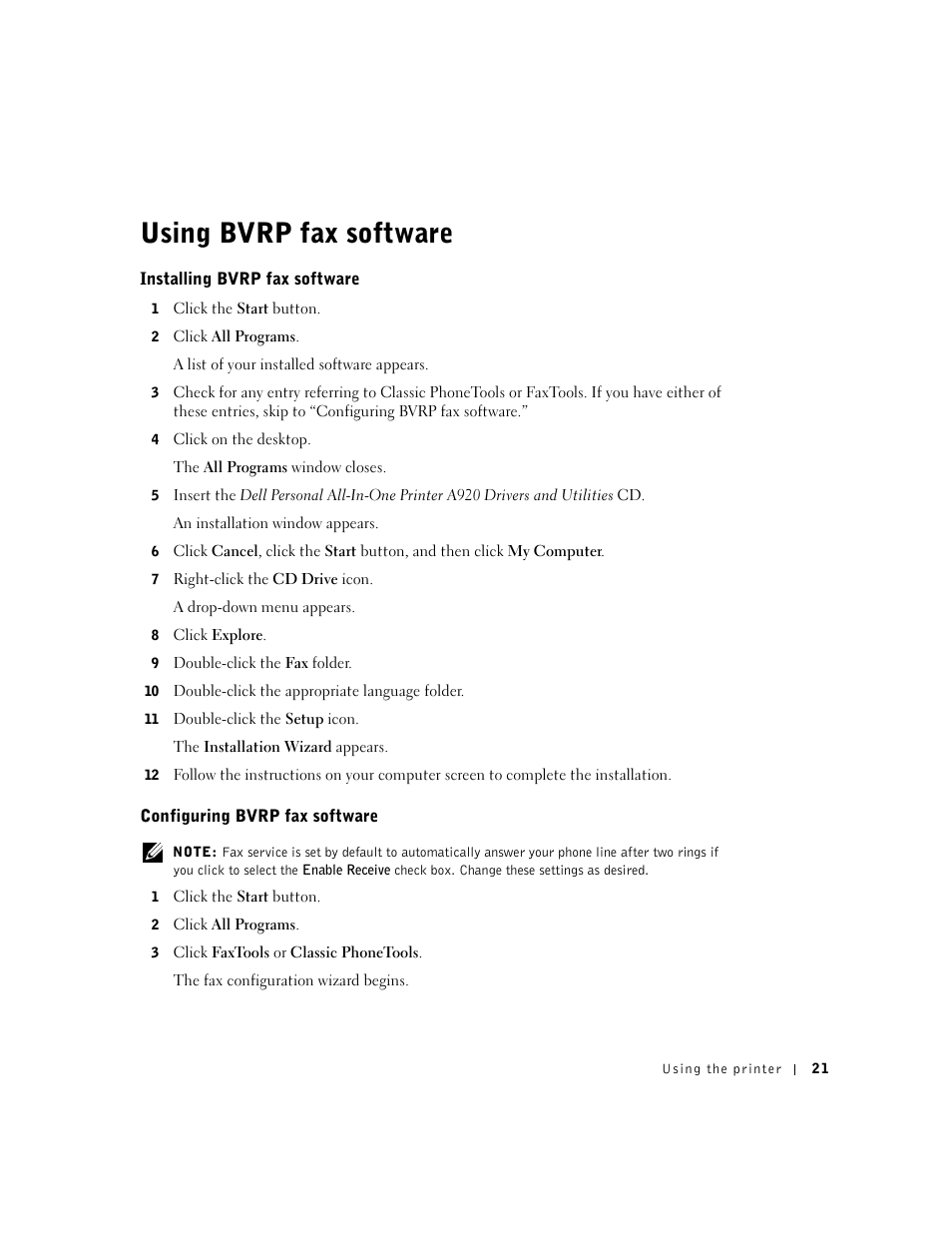 Using bvrp fax software, Installing bvrp fax software, Configuring bvrp fax software | Dell A920 All In One Personal Printer User Manual | Page 31 / 83