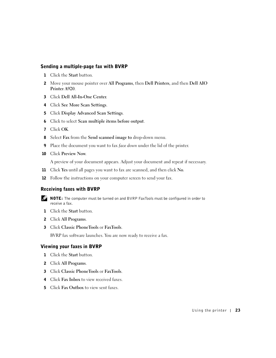 Receiving faxes with bvrp, Viewing your faxes in bvrp | Dell A920 All In One Personal Printer User Manual | Page 33 / 83