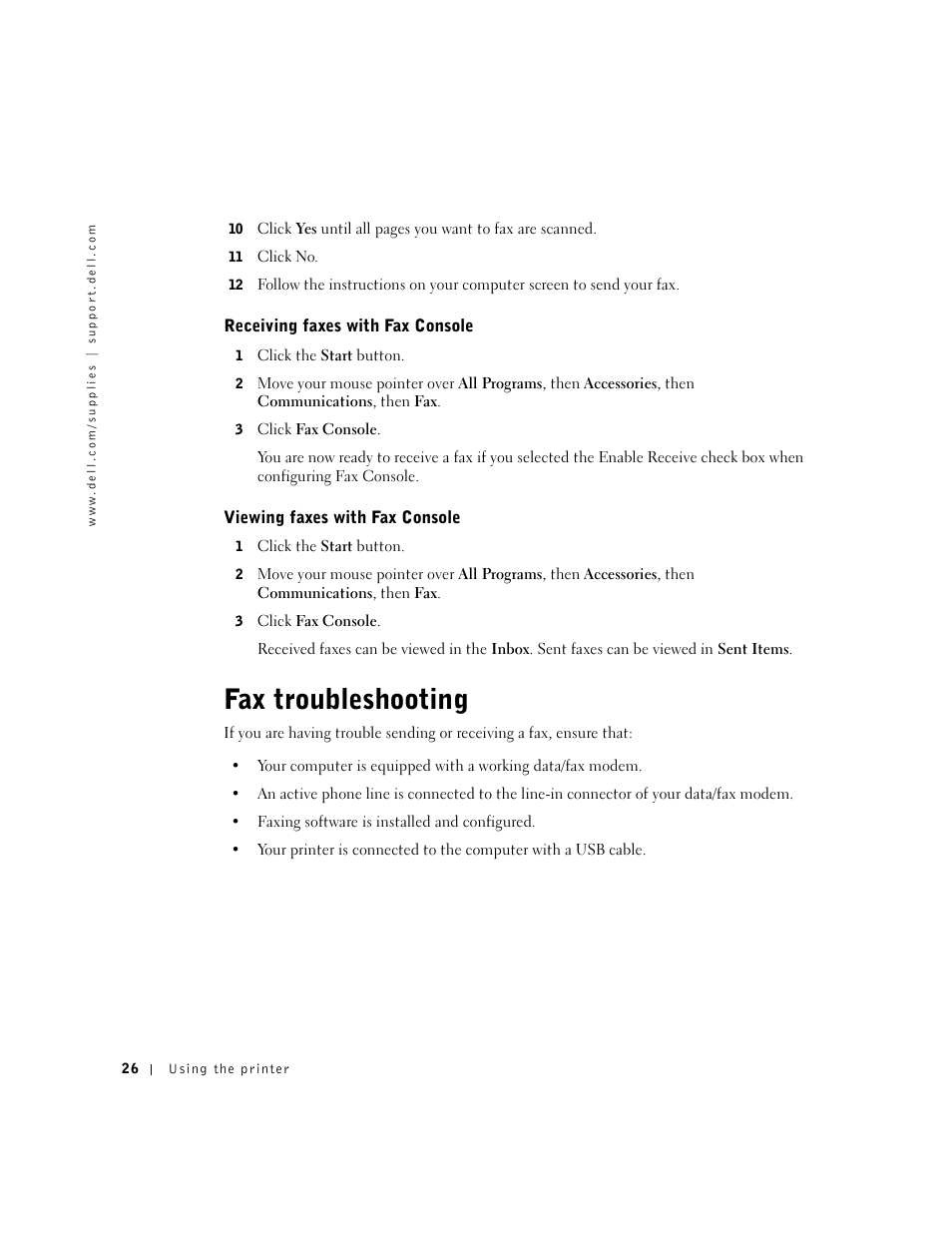 Fax troubleshooting, Receiving faxes with fax console, Viewing faxes with fax console | Dell A920 All In One Personal Printer User Manual | Page 36 / 83