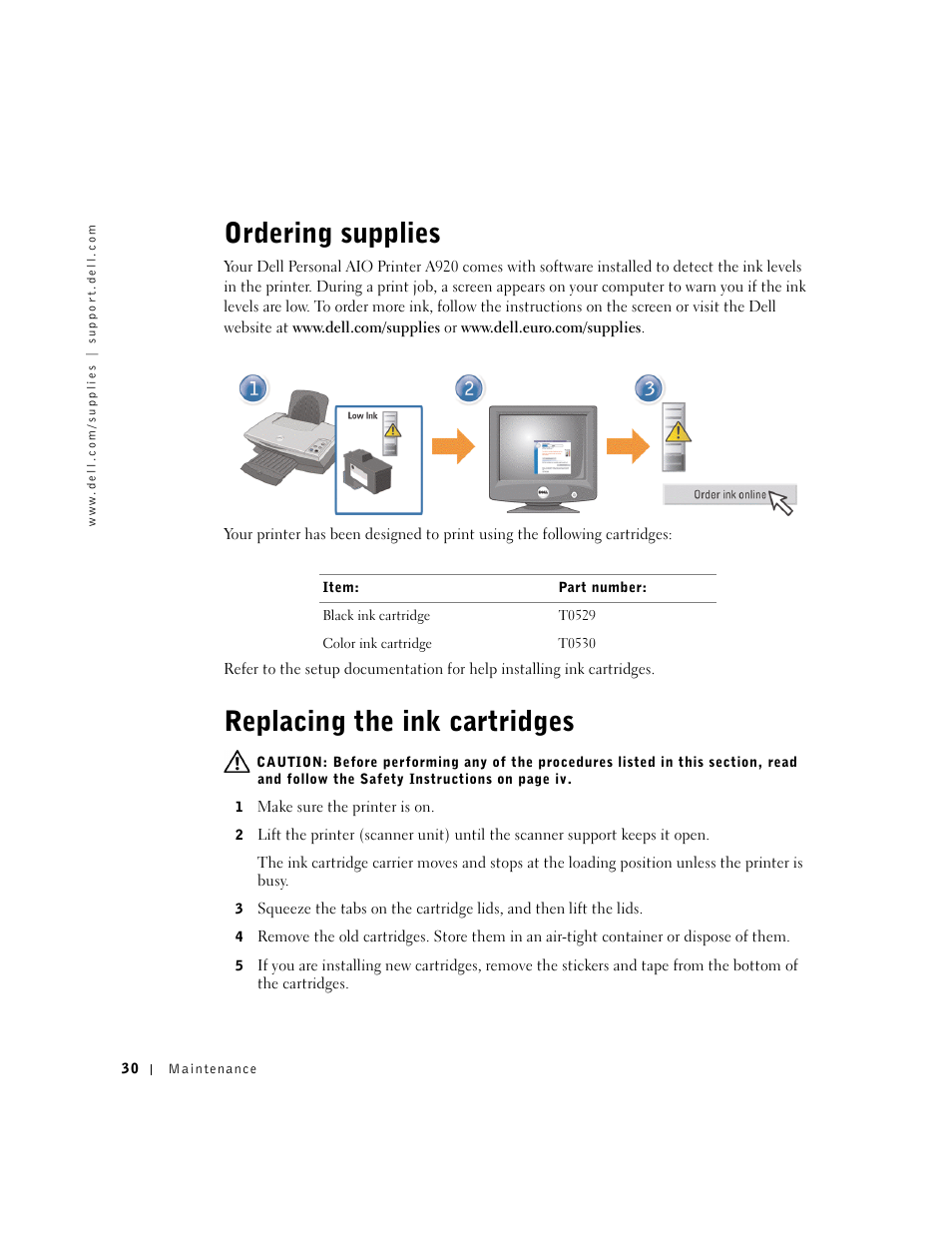 Ordering supplies, Replacing the ink cartridges | Dell A920 All In One Personal Printer User Manual | Page 40 / 83