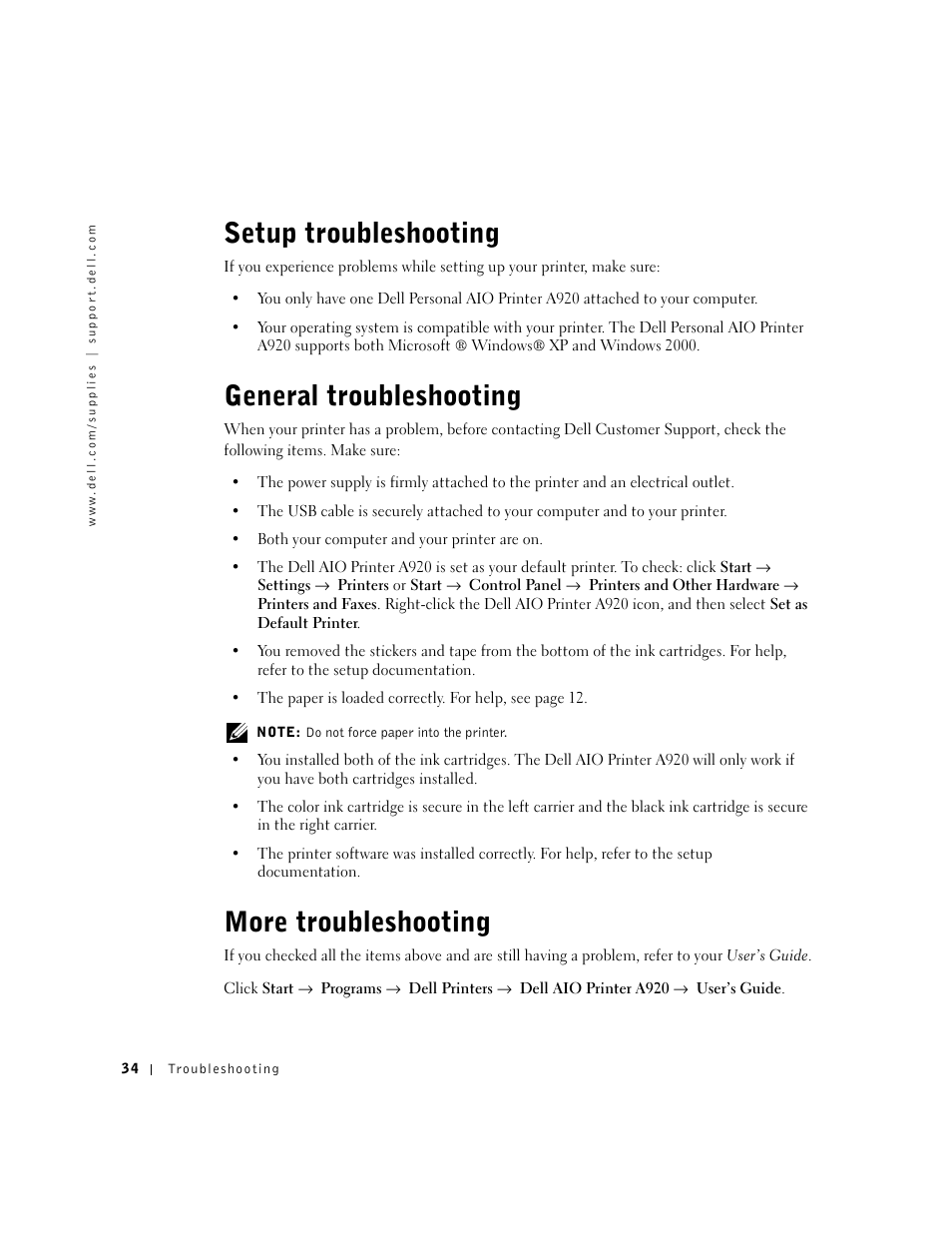 Setup troubleshooting, General troubleshooting, More troubleshooting | Dell A920 All In One Personal Printer User Manual | Page 44 / 83