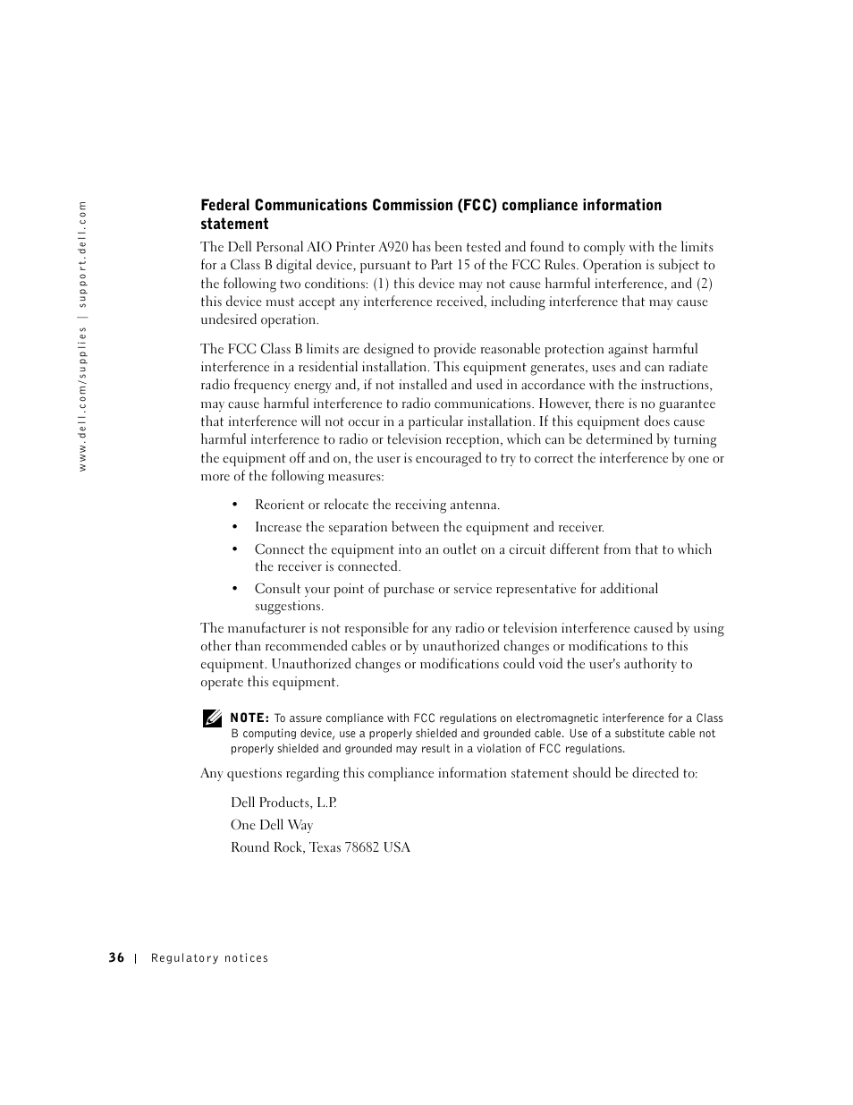 Federal communications commission (fcc) compliance, Information statement | Dell A920 All In One Personal Printer User Manual | Page 46 / 83