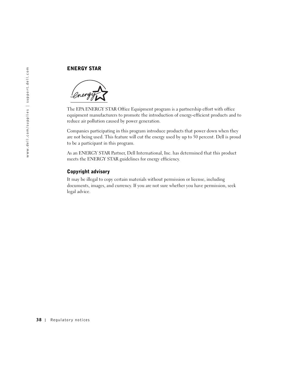 Energy star copyright advisory | Dell A920 All In One Personal Printer User Manual | Page 48 / 83