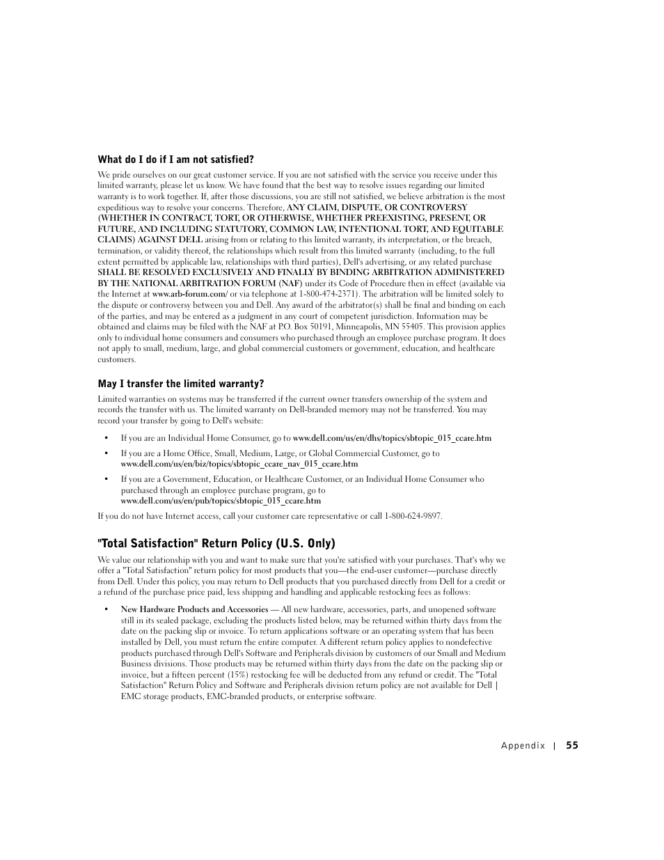 Total satisfaction" return policy (u.s. only) | Dell A920 All In One Personal Printer User Manual | Page 65 / 83