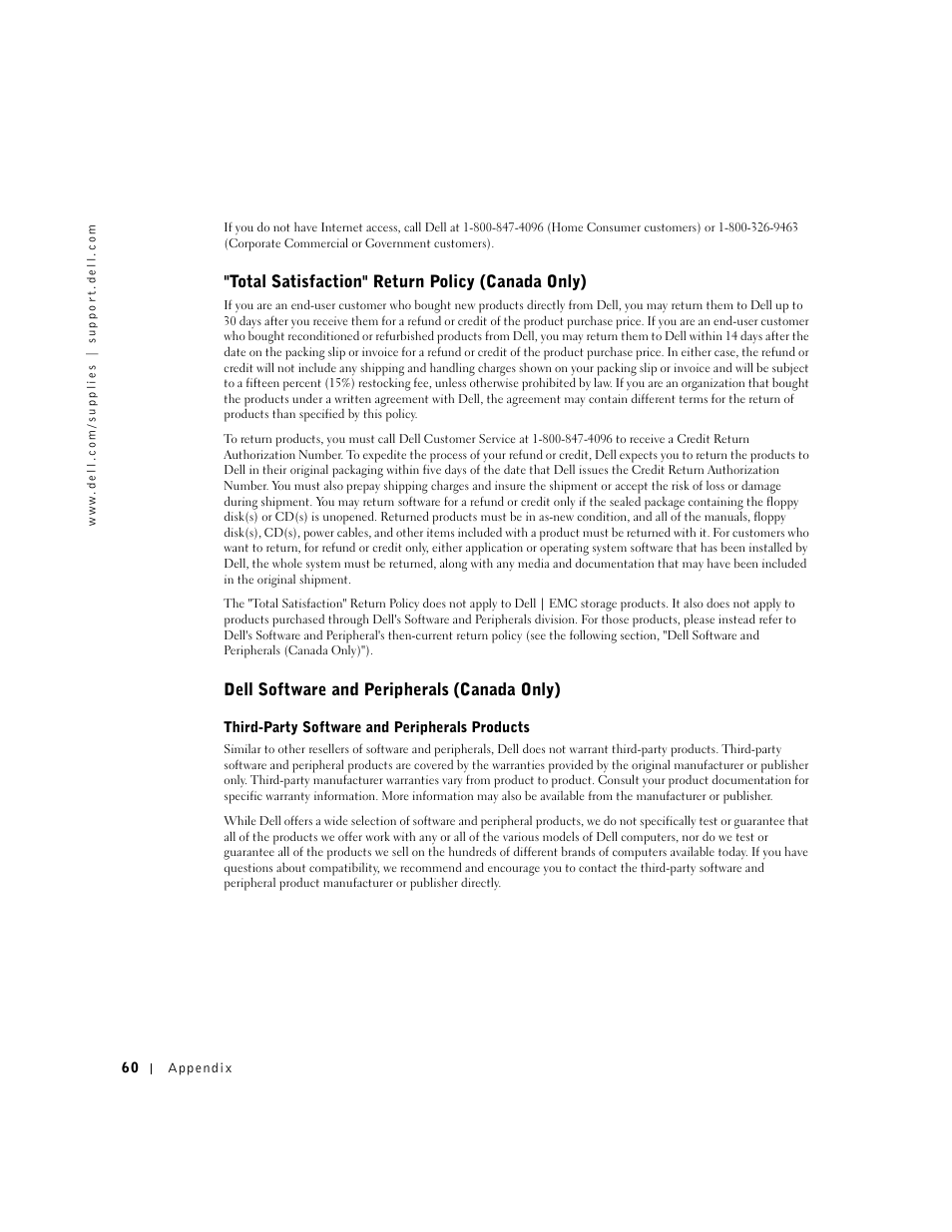 Total satisfaction" return policy (canada only), Dell software and peripherals (canada only) | Dell A920 All In One Personal Printer User Manual | Page 70 / 83
