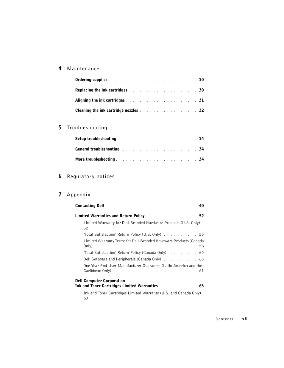 4 maintenance, 5 troubleshooting, 6 regulatory notices | 7 appendix, 6 regulatory notices 7 appendix | Dell A920 All In One Personal Printer User Manual | Page 9 / 83