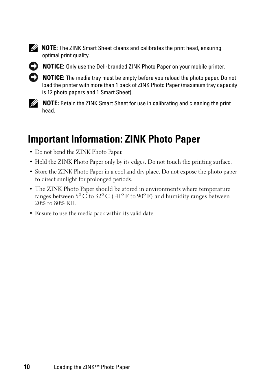 Important information: zink photo paper | Dell Ink-Free Printer PZ310 User Manual | Page 10 / 22