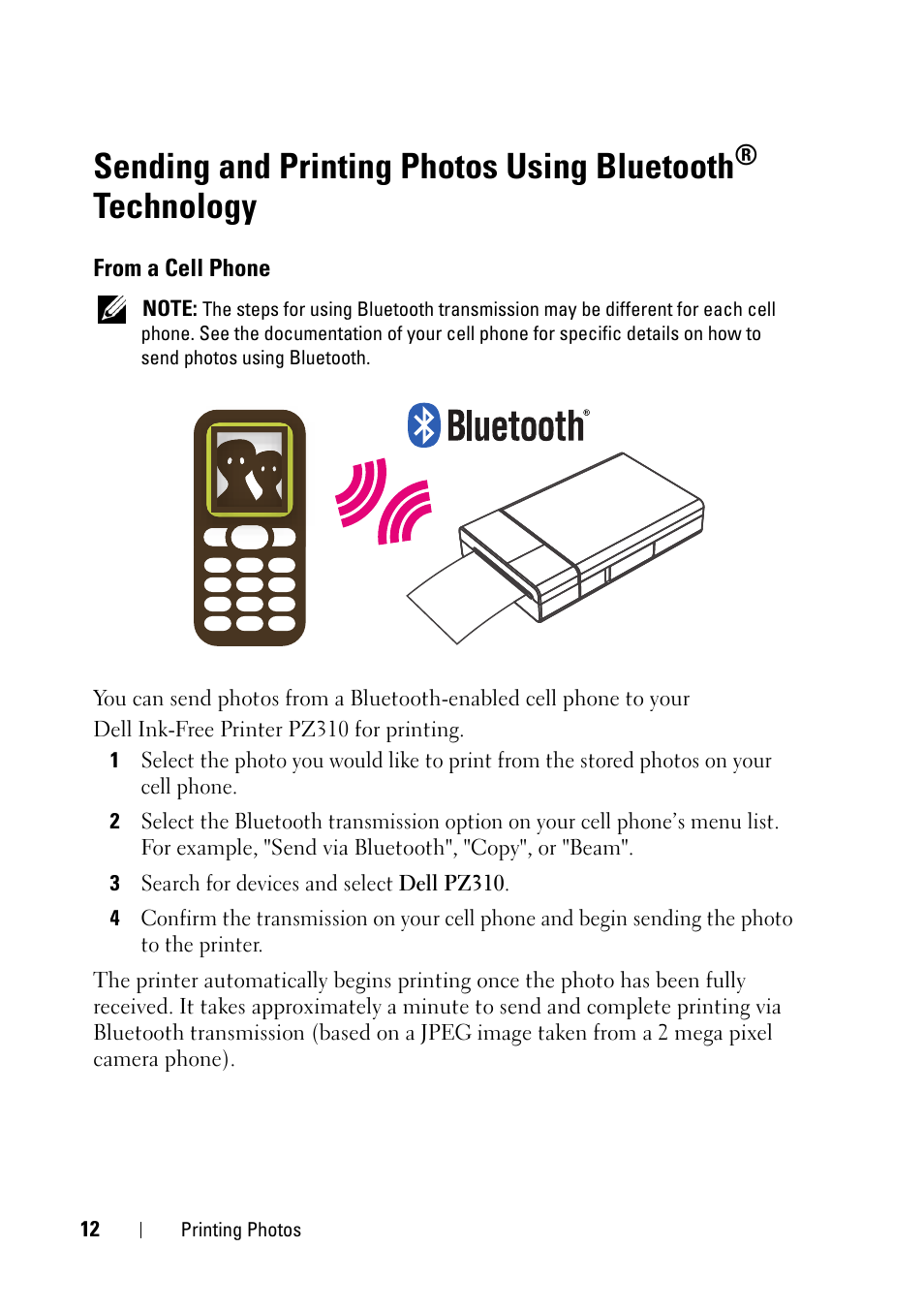 Sending and printing photos using bluetooth, Technology | Dell Ink-Free Printer PZ310 User Manual | Page 12 / 22