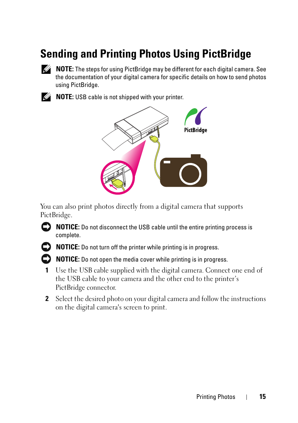 Sending and printing photos using pictbridge | Dell Ink-Free Printer PZ310 User Manual | Page 15 / 22