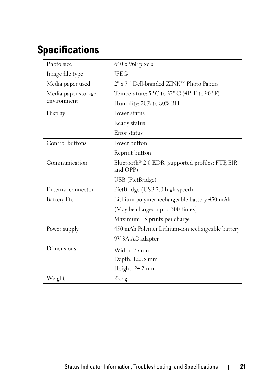 Specifications | Dell Ink-Free Printer PZ310 User Manual | Page 21 / 22