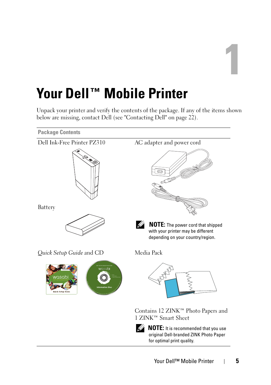 Your dell™ mobile printer, Your dell ™ mobile printer | Dell Ink-Free Printer PZ310 User Manual | Page 5 / 22