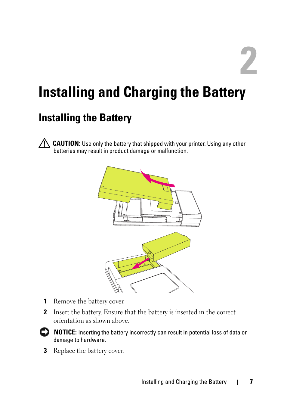 Installing and charging the battery, Installing the battery | Dell Ink-Free Printer PZ310 User Manual | Page 7 / 22