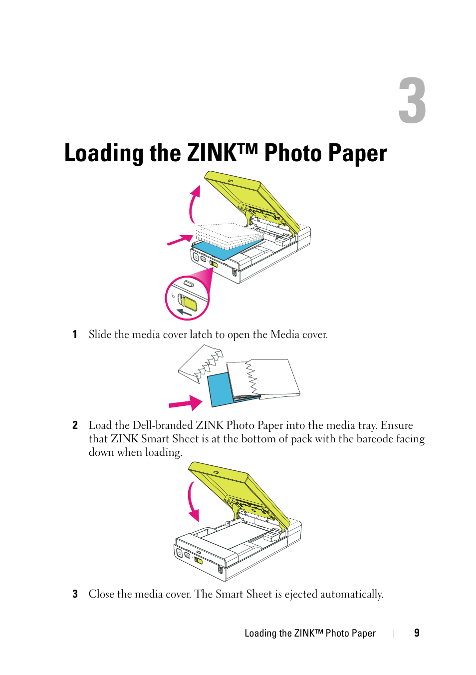 Loading the zink™ photo paper | Dell Ink-Free Printer PZ310 User Manual | Page 9 / 22