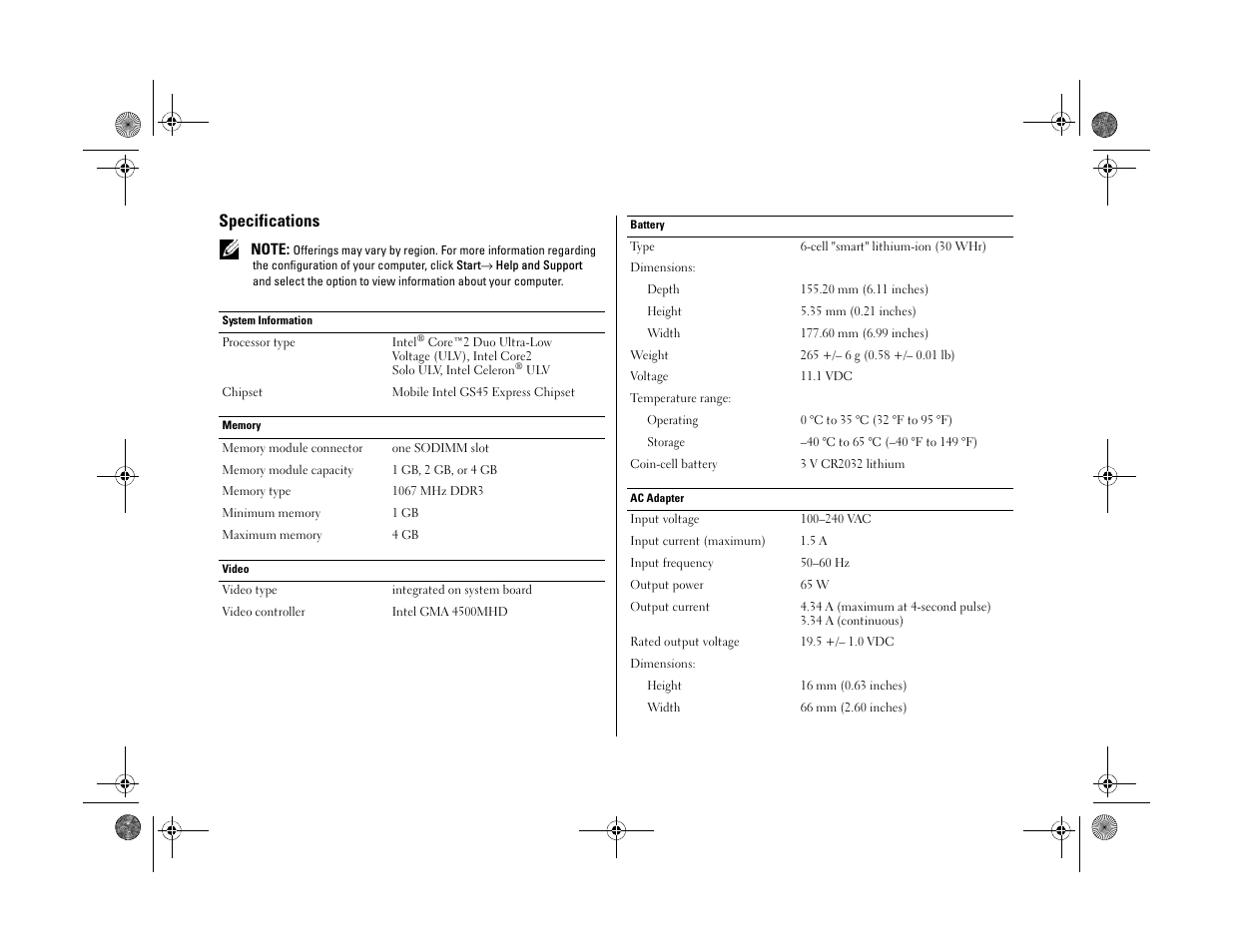 Specifications | Dell Latitude 13 (Mid 2010) User Manual | Page 4 / 5