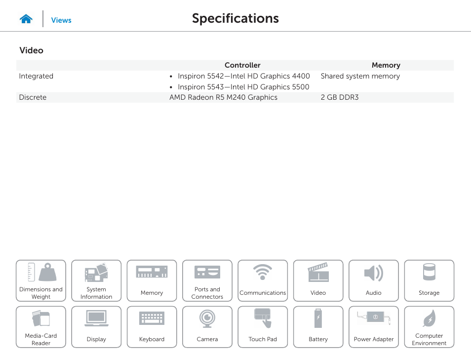 Video, Specifications | Dell Inspiron 15 (5543, Early 2015) User Manual | Page 12 / 22