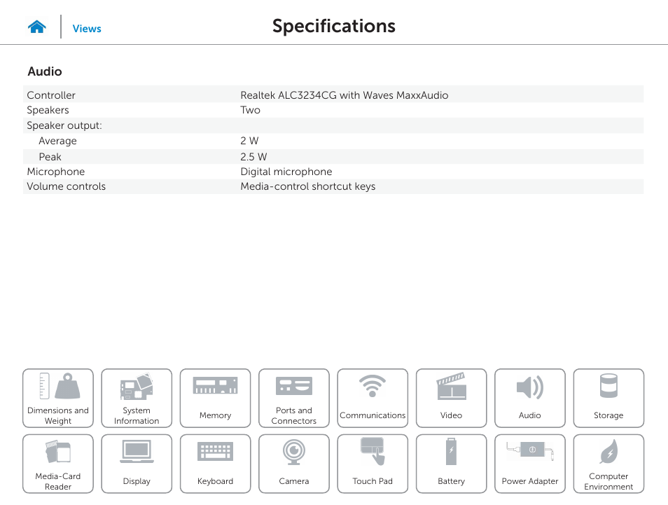 Audio, Specifications | Dell Inspiron 15 (5543, Early 2015) User Manual | Page 13 / 22