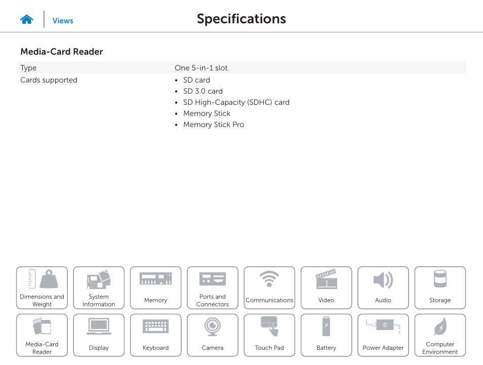 Media-card, Reader, Specifications | Media‑card reader | Dell Inspiron 15 (5543, Early 2015) User Manual | Page 15 / 22