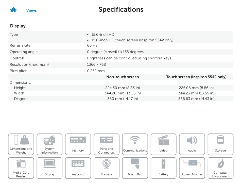 Display, Specifications | Dell Inspiron 15 (5543, Early 2015) User Manual | Page 16 / 22