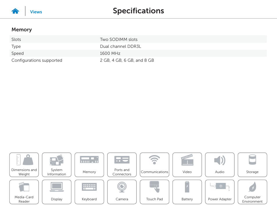 Memory, Specifications | Dell Inspiron 15 (5543, Early 2015) User Manual | Page 9 / 22