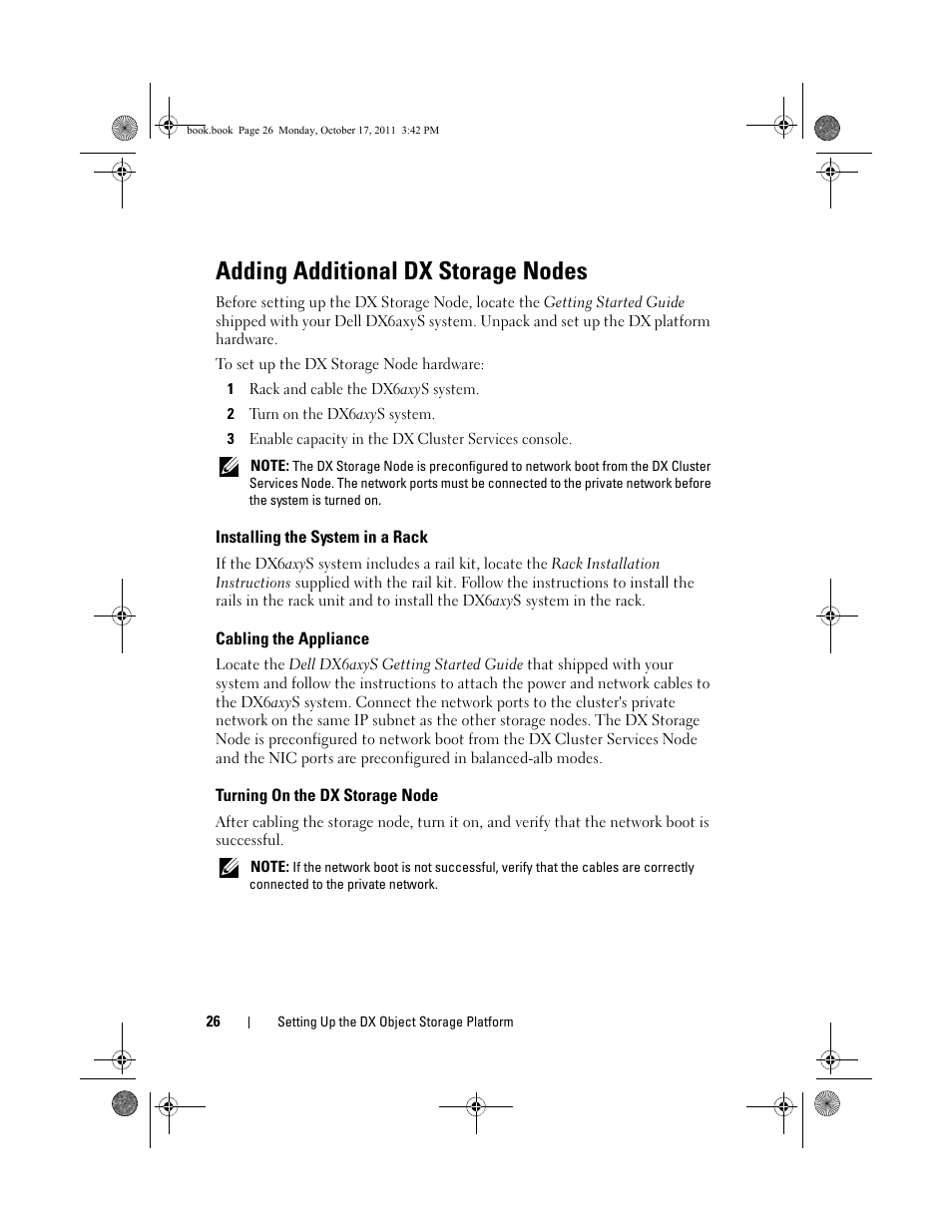 Adding additional dx storage nodes, Installing the system in a rack, Cabling the appliance | Turning on the dx storage node | Dell DX6000 User Manual | Page 26 / 50