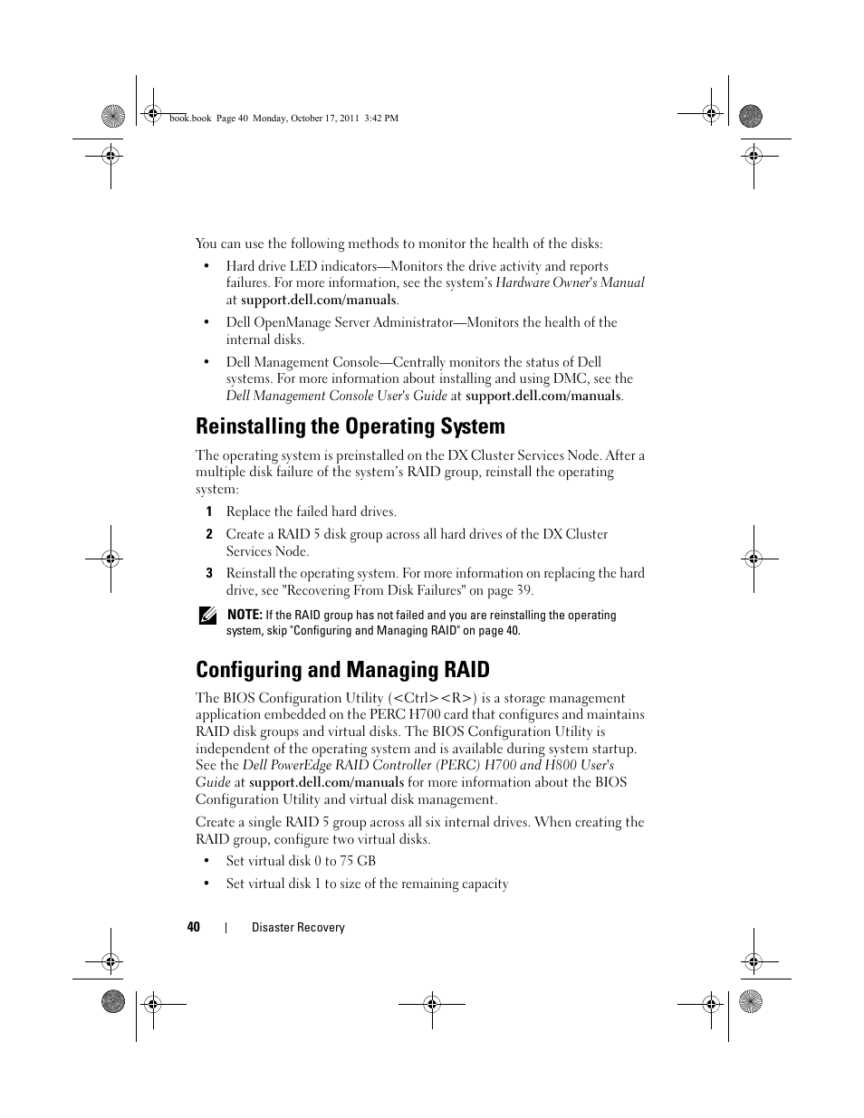 Reinstalling the operating system, Configuring and managing raid | Dell DX6000 User Manual | Page 38 / 50